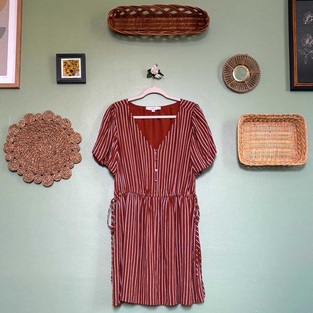 NWOT - Loft Mini Flare Orange Striped Dress - Gold Buttons & Side Ties - Size 14